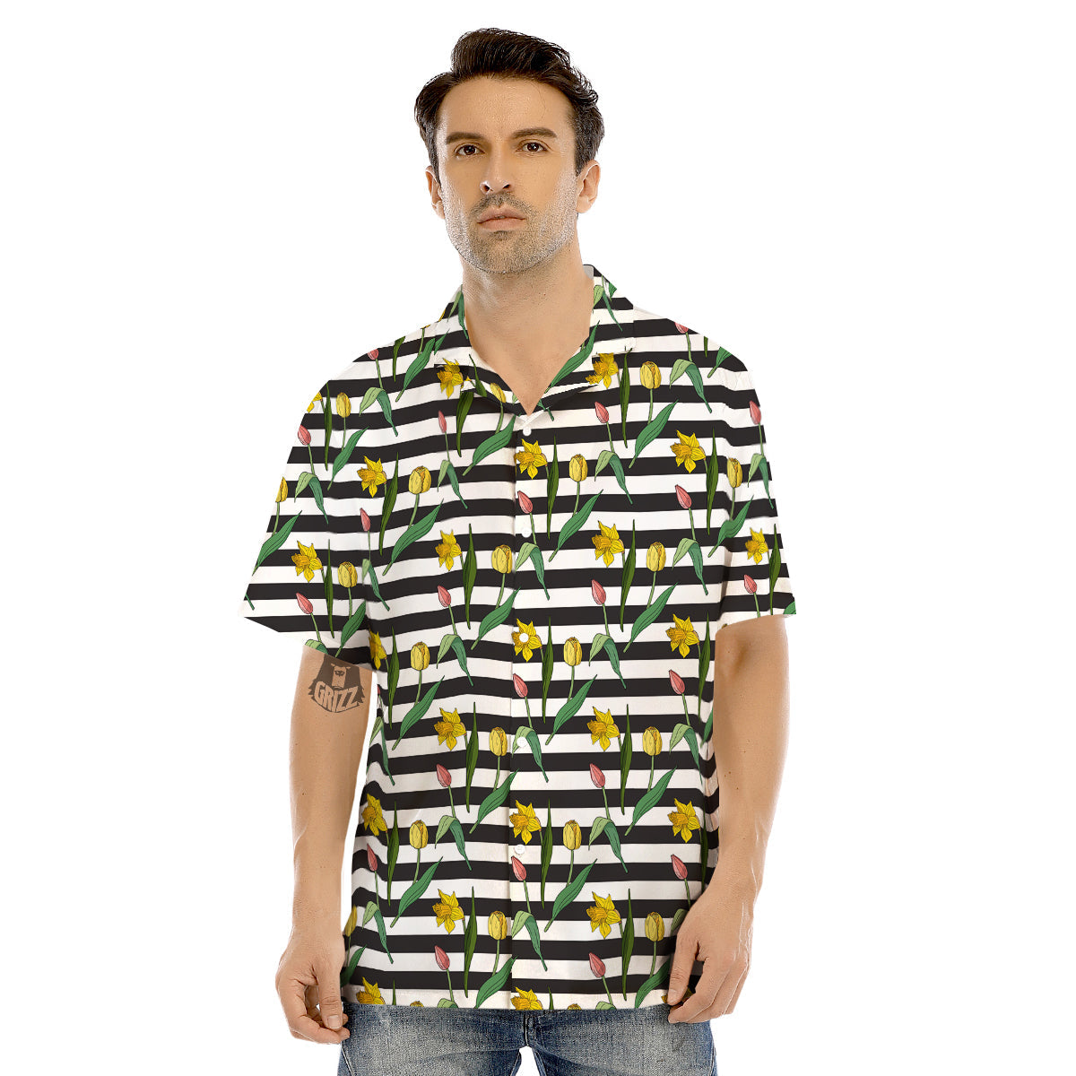 Striped Daffodil Yellow Print Pattern Men's Hawaiian Shirt-grizzshop