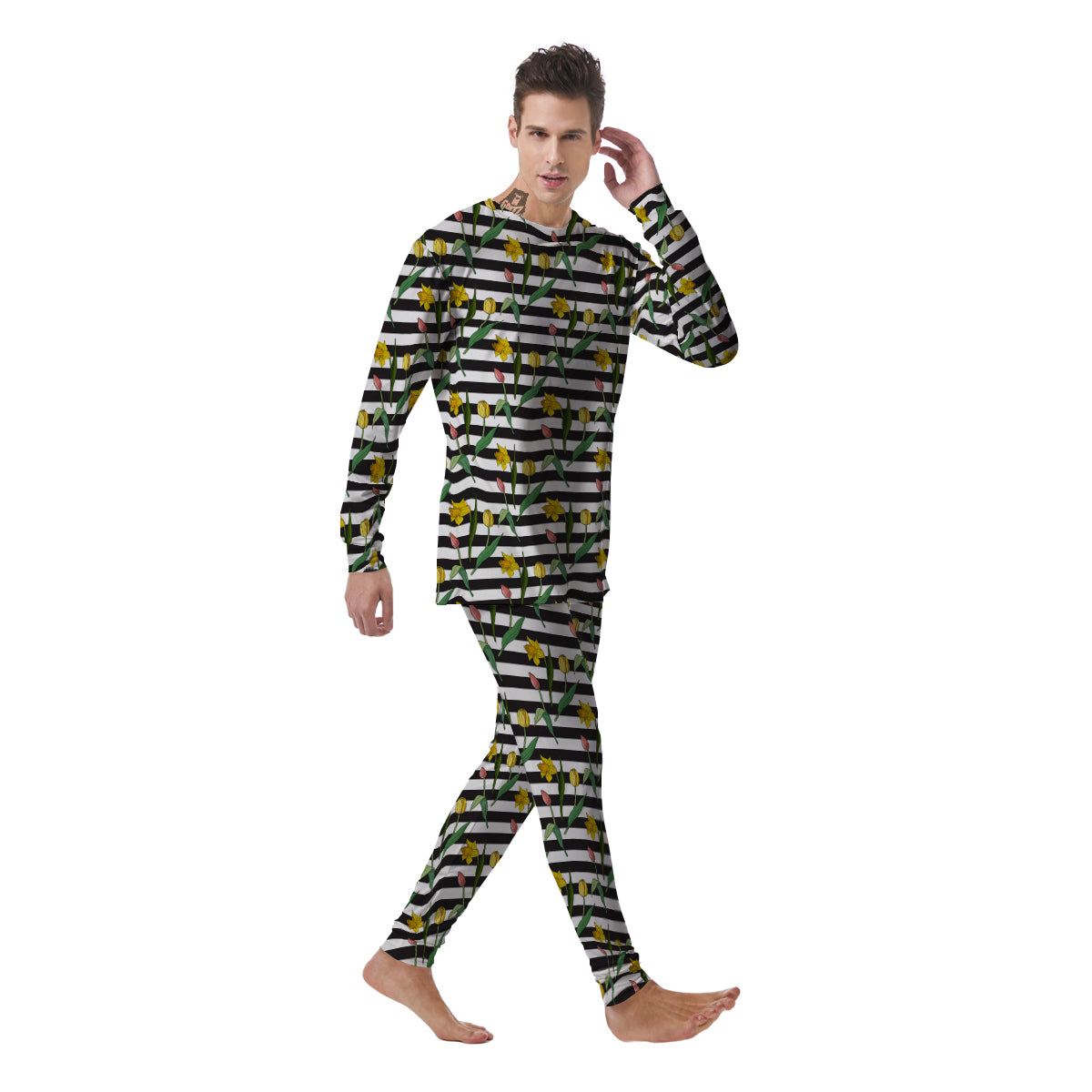 Striped Daffodil Yellow Print Pattern Men's Pajamas-grizzshop