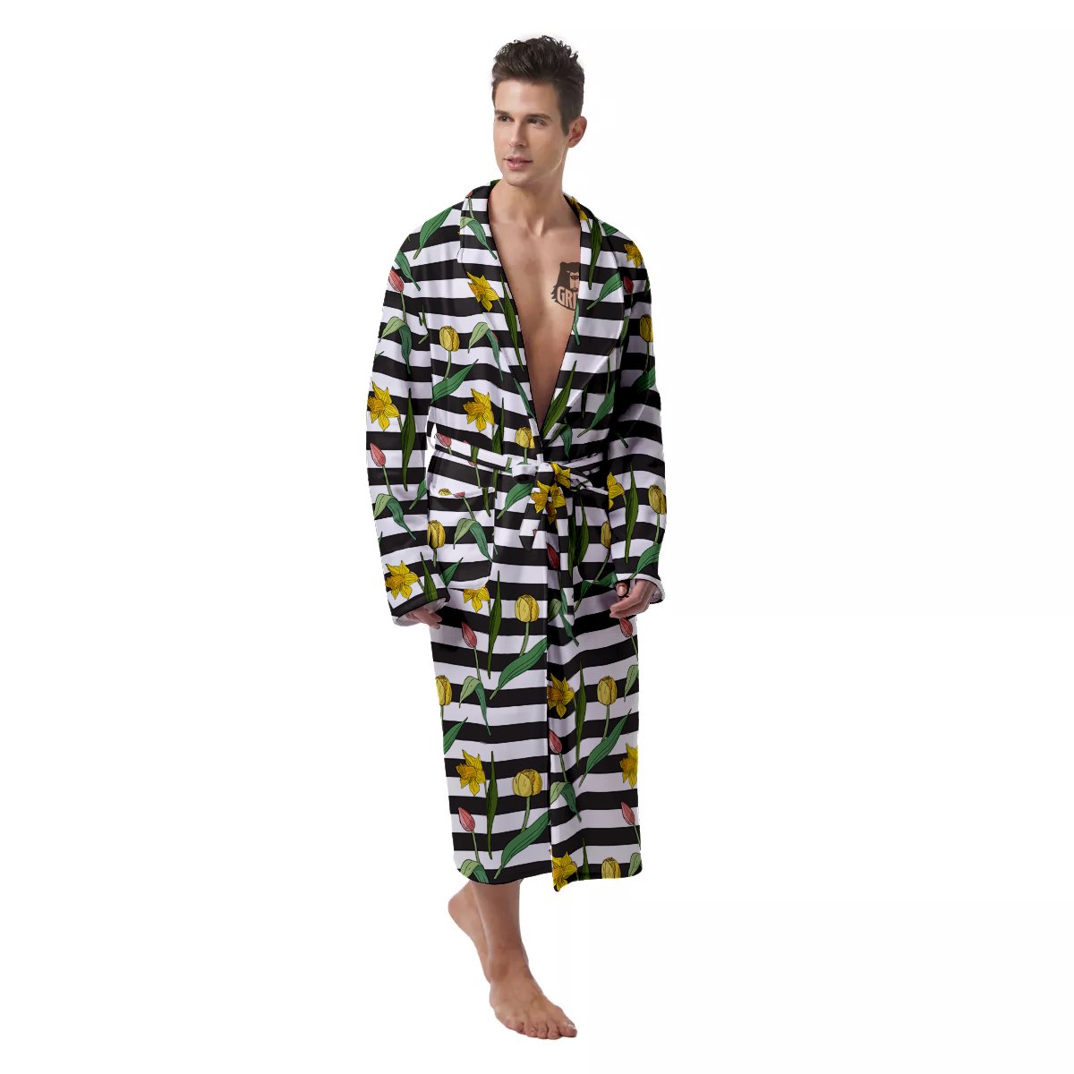 Striped Daffodil Yellow Print Pattern Men's Robe-grizzshop