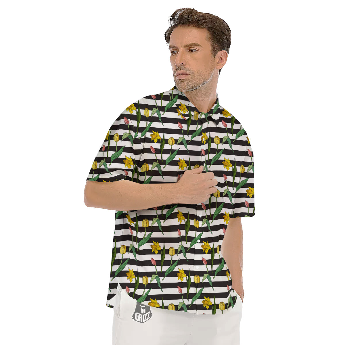 Striped Daffodil Yellow Print Pattern Men's Short Sleeve Shirts-grizzshop