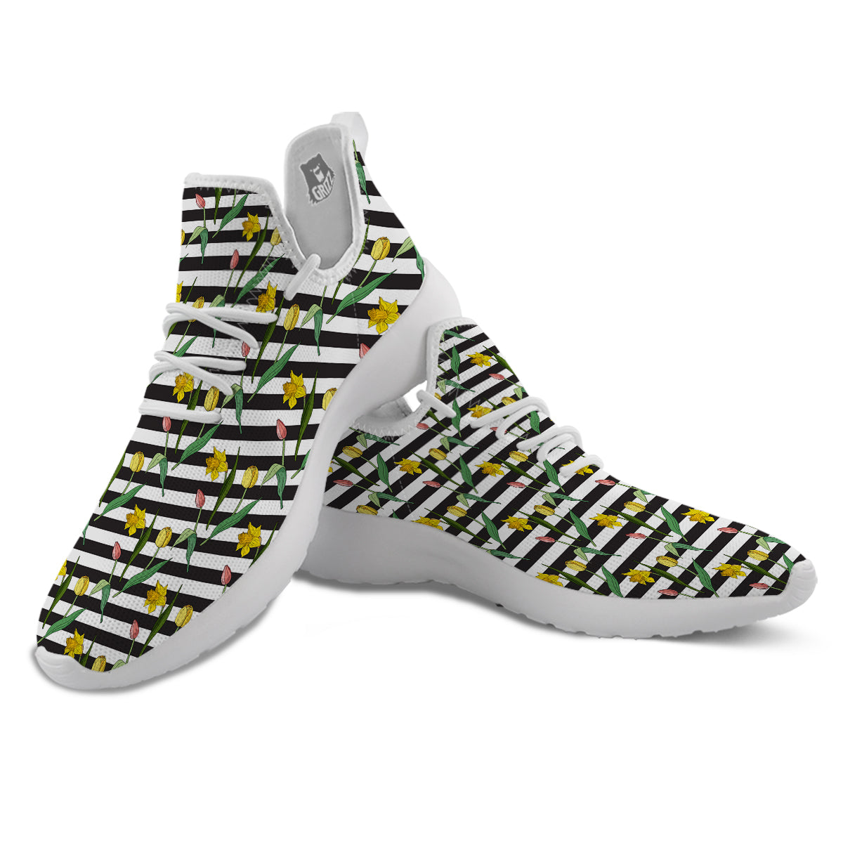 Striped Daffodil Yellow Print Pattern White Athletic Shoes-grizzshop