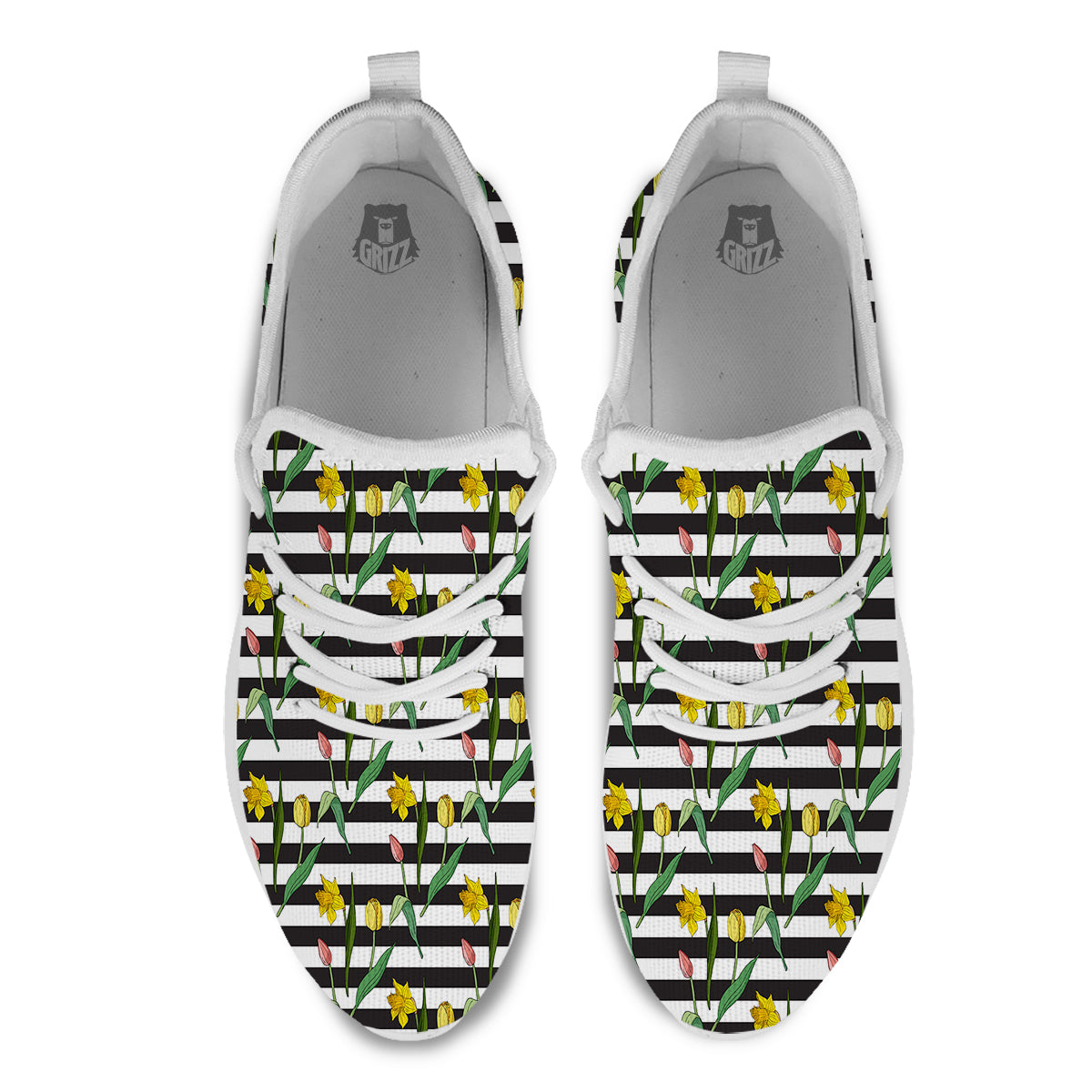 Striped Daffodil Yellow Print Pattern White Athletic Shoes-grizzshop