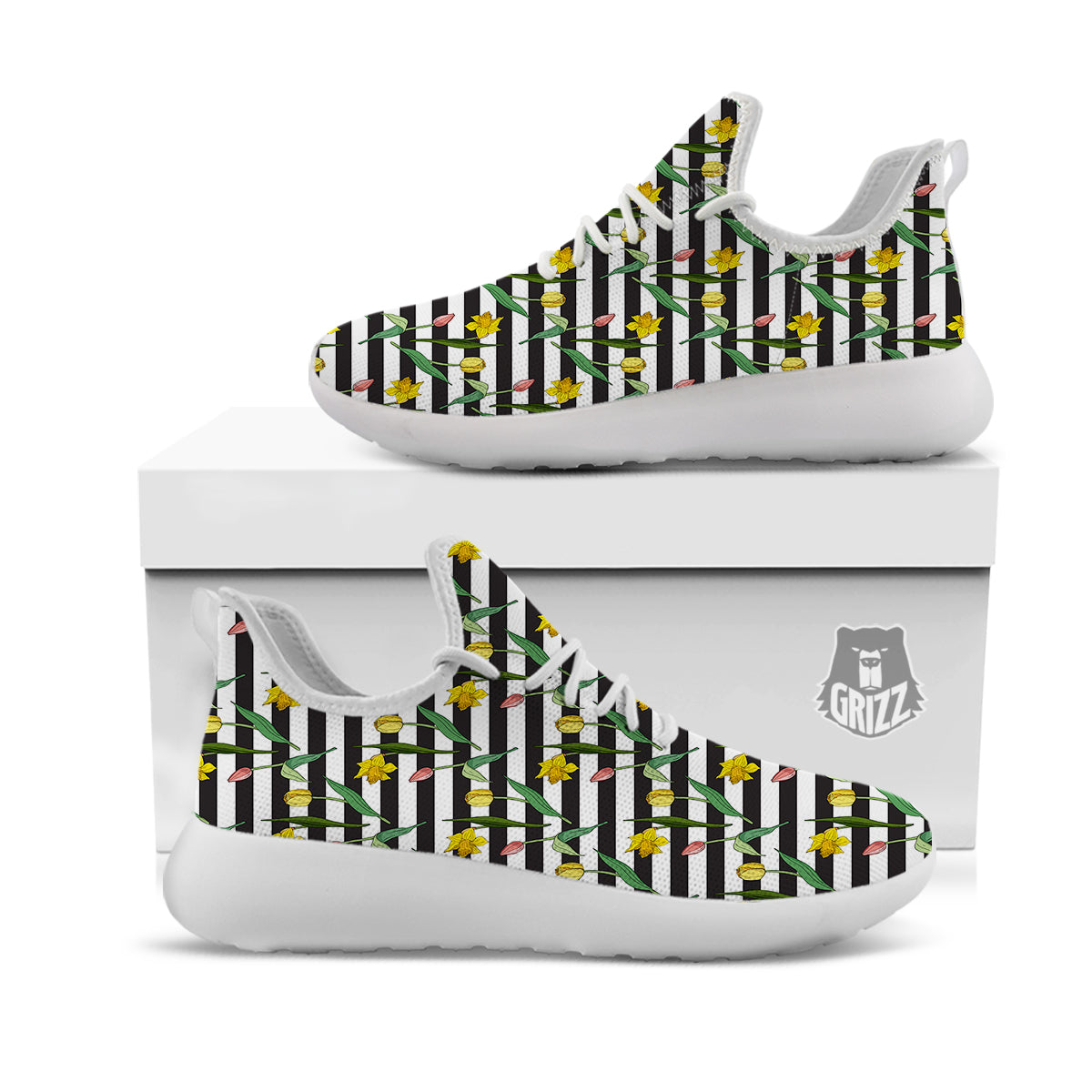 Striped Daffodil Yellow Print Pattern White Athletic Shoes-grizzshop