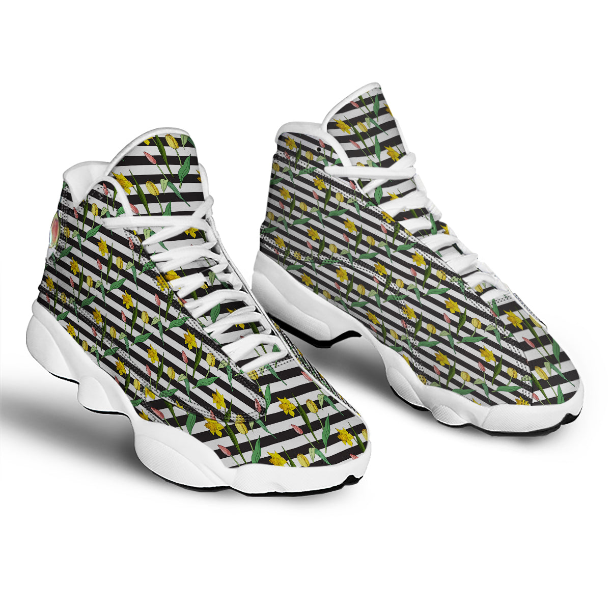 Striped Daffodil Yellow Print Pattern White Basketball Shoes-grizzshop
