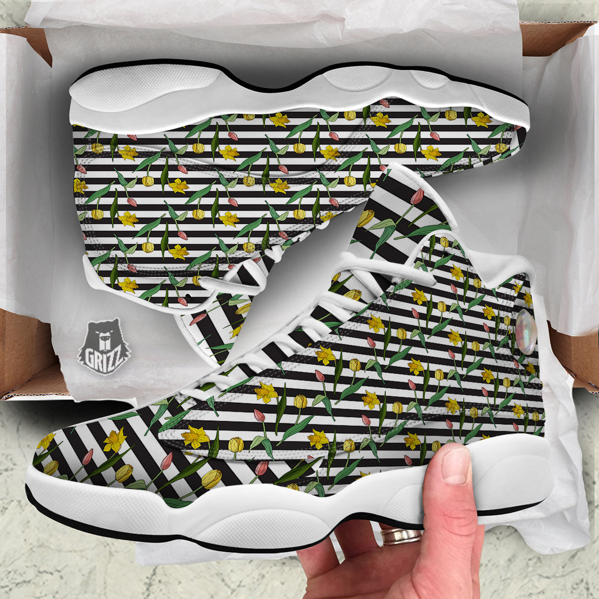 Striped Daffodil Yellow Print Pattern White Basketball Shoes-grizzshop