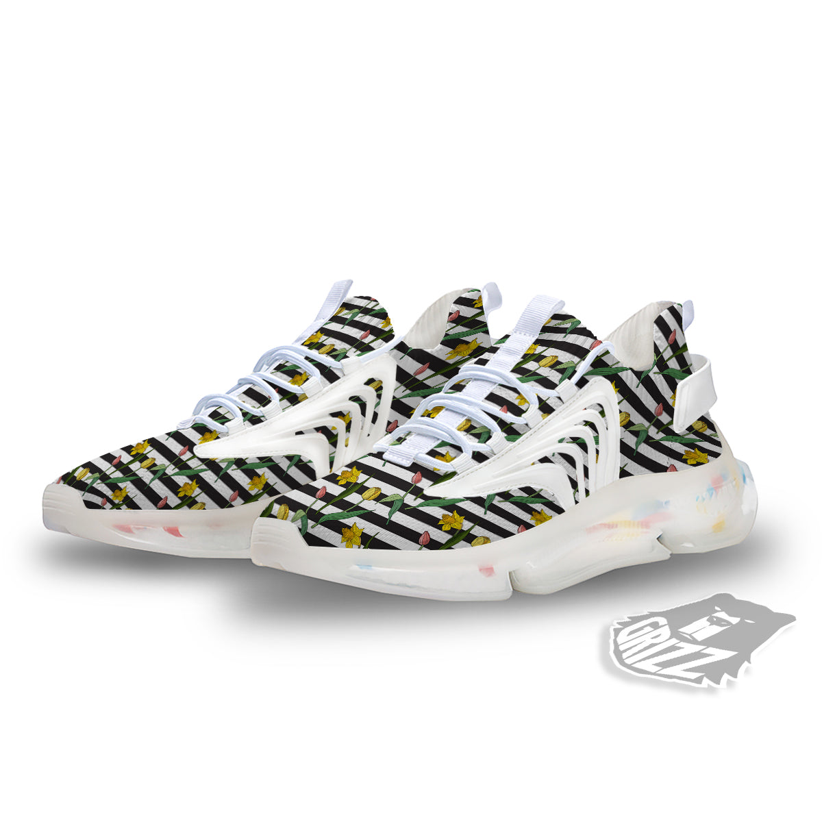 Striped Daffodil Yellow Print Pattern White Gym Shoes-grizzshop
