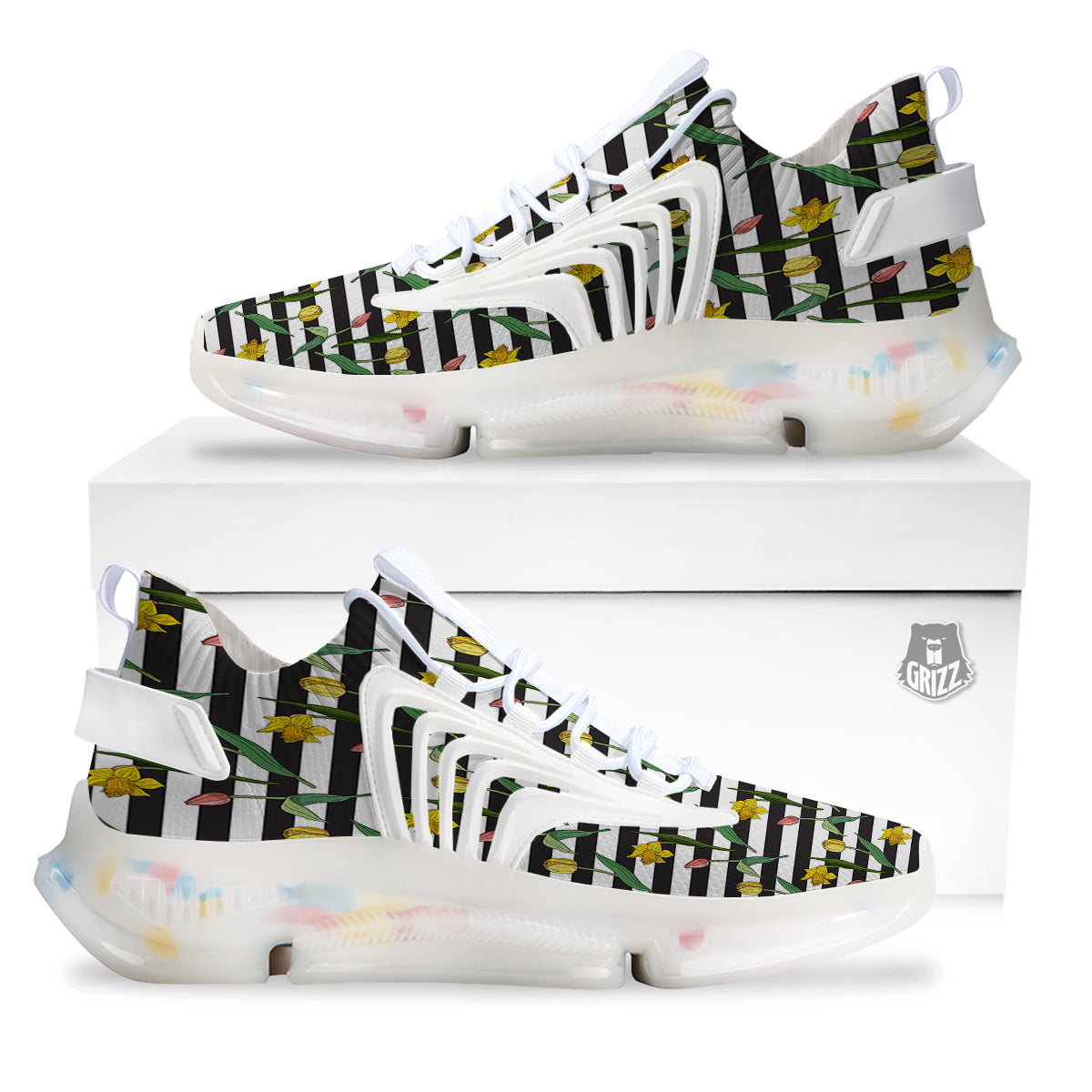 Striped Daffodil Yellow Print Pattern White Gym Shoes-grizzshop