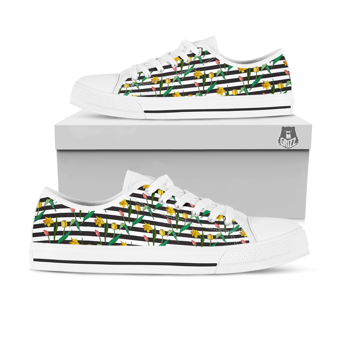 Striped Daffodil Yellow Print Pattern White Low Top Shoes-grizzshop