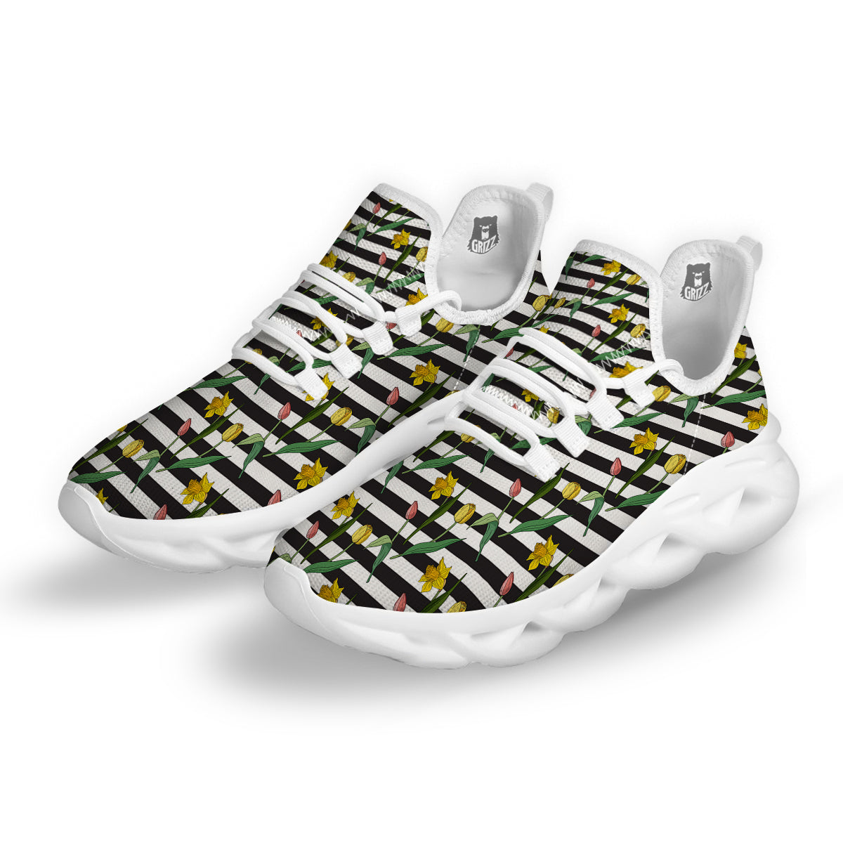 Striped Daffodil Yellow Print Pattern White Running Shoes-grizzshop