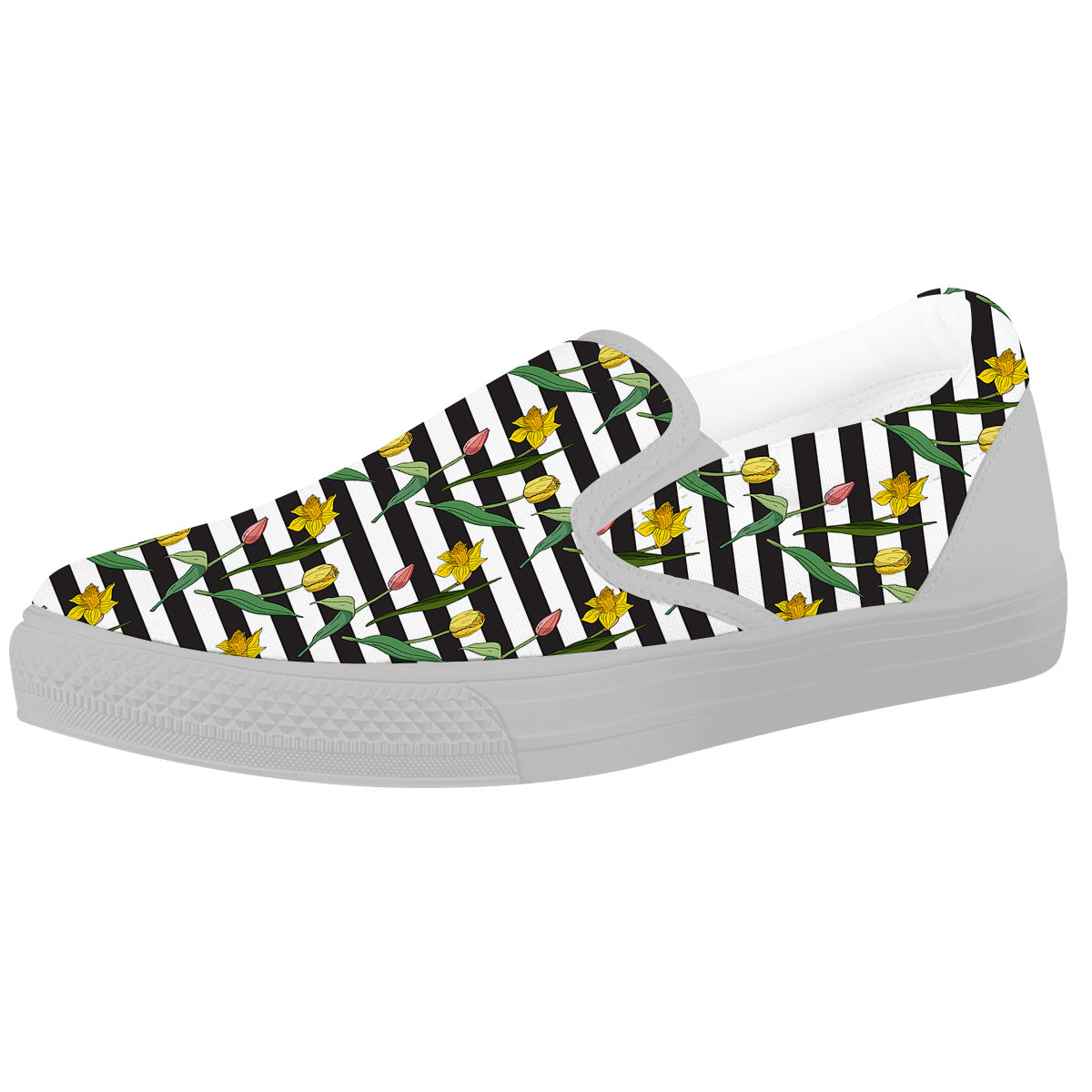 Striped Daffodil Yellow Print Pattern White Slip On Shoes-grizzshop