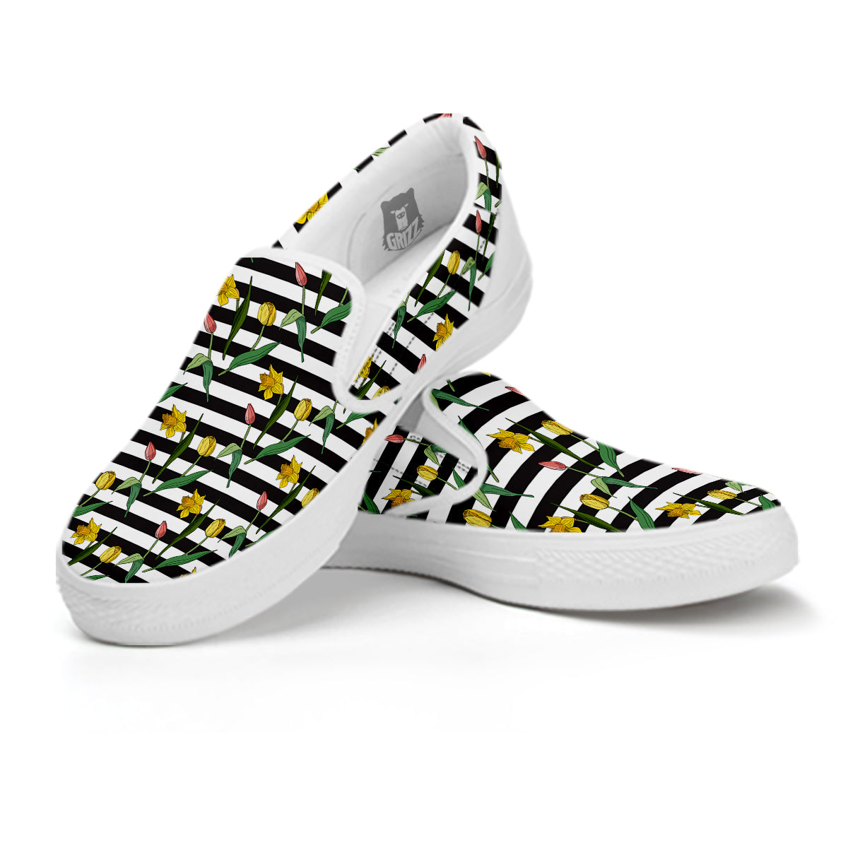 Striped Daffodil Yellow Print Pattern White Slip On Shoes-grizzshop