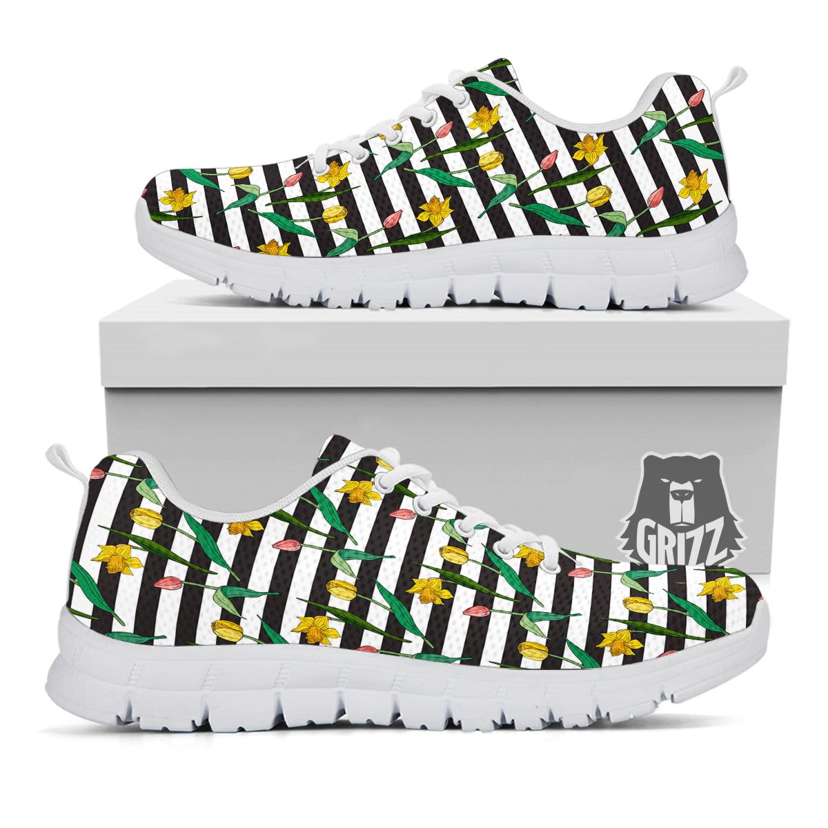 Striped Daffodil Yellow Print Pattern White Sneaker-grizzshop