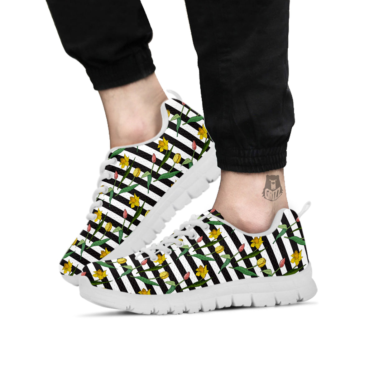 Striped Daffodil Yellow Print Pattern White Sneaker-grizzshop