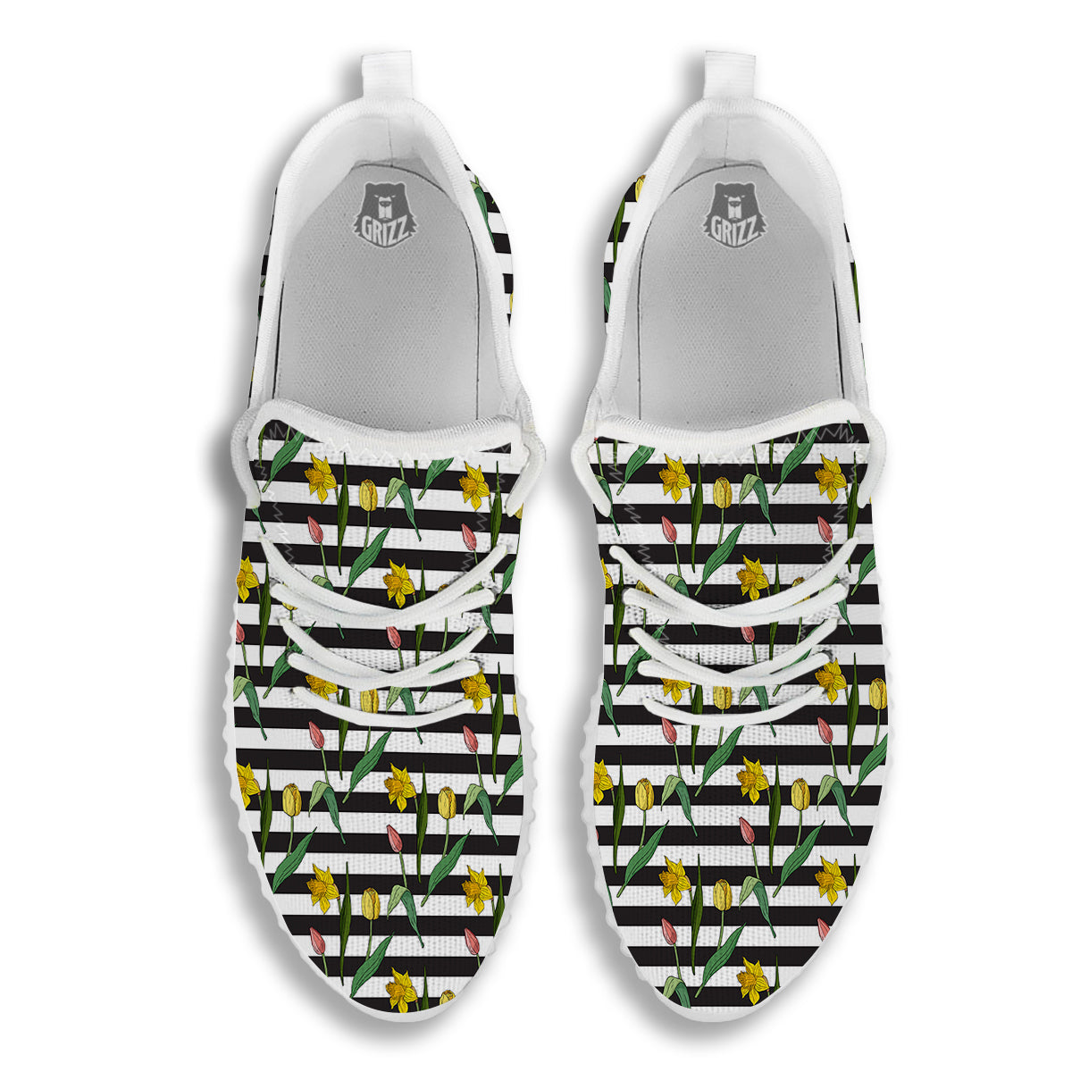 Striped Daffodil Yellow Print Pattern White Walking Shoes-grizzshop