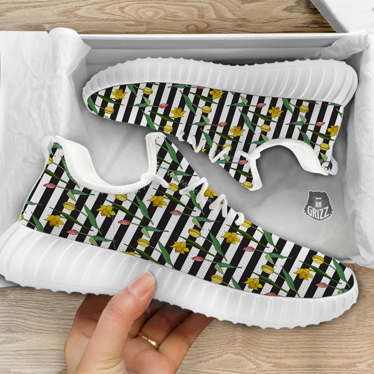 Striped Daffodil Yellow Print Pattern White Walking Shoes-grizzshop