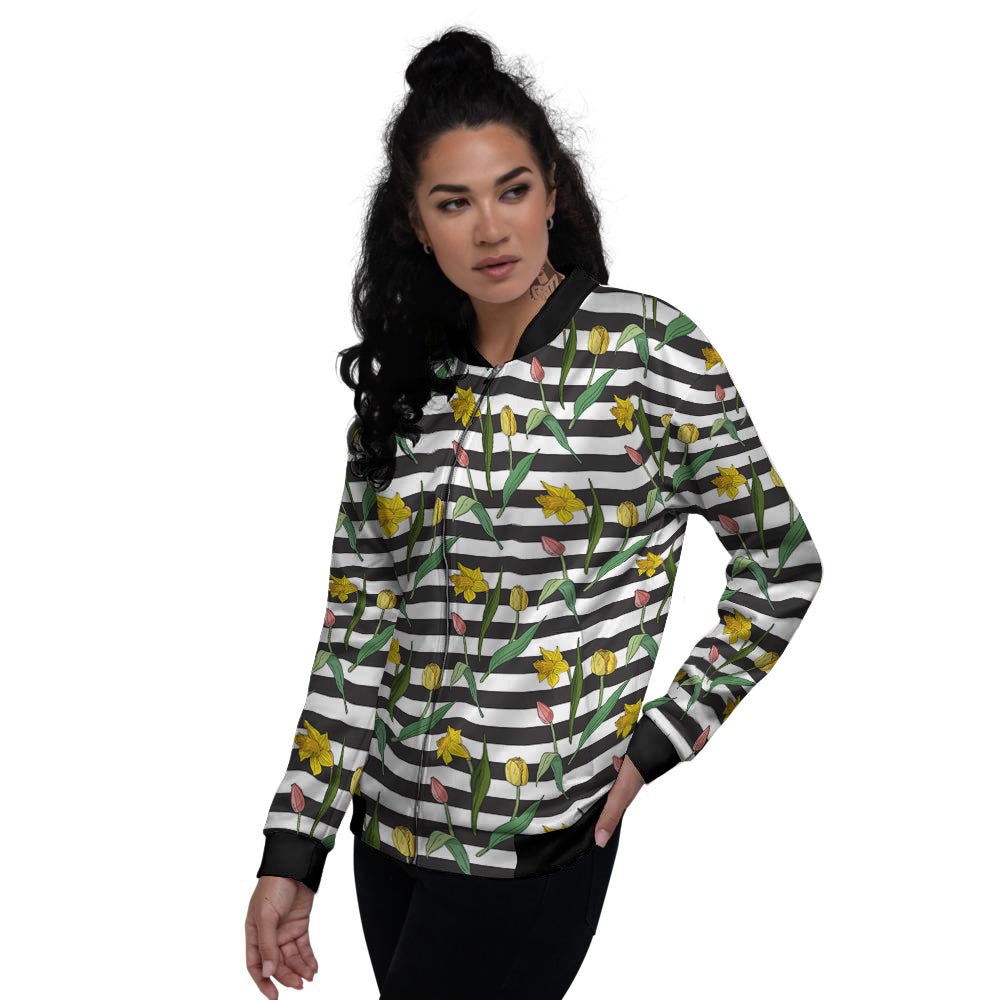 Striped Daffodil Yellow Print Pattern Women's Bomber Jacket-grizzshop