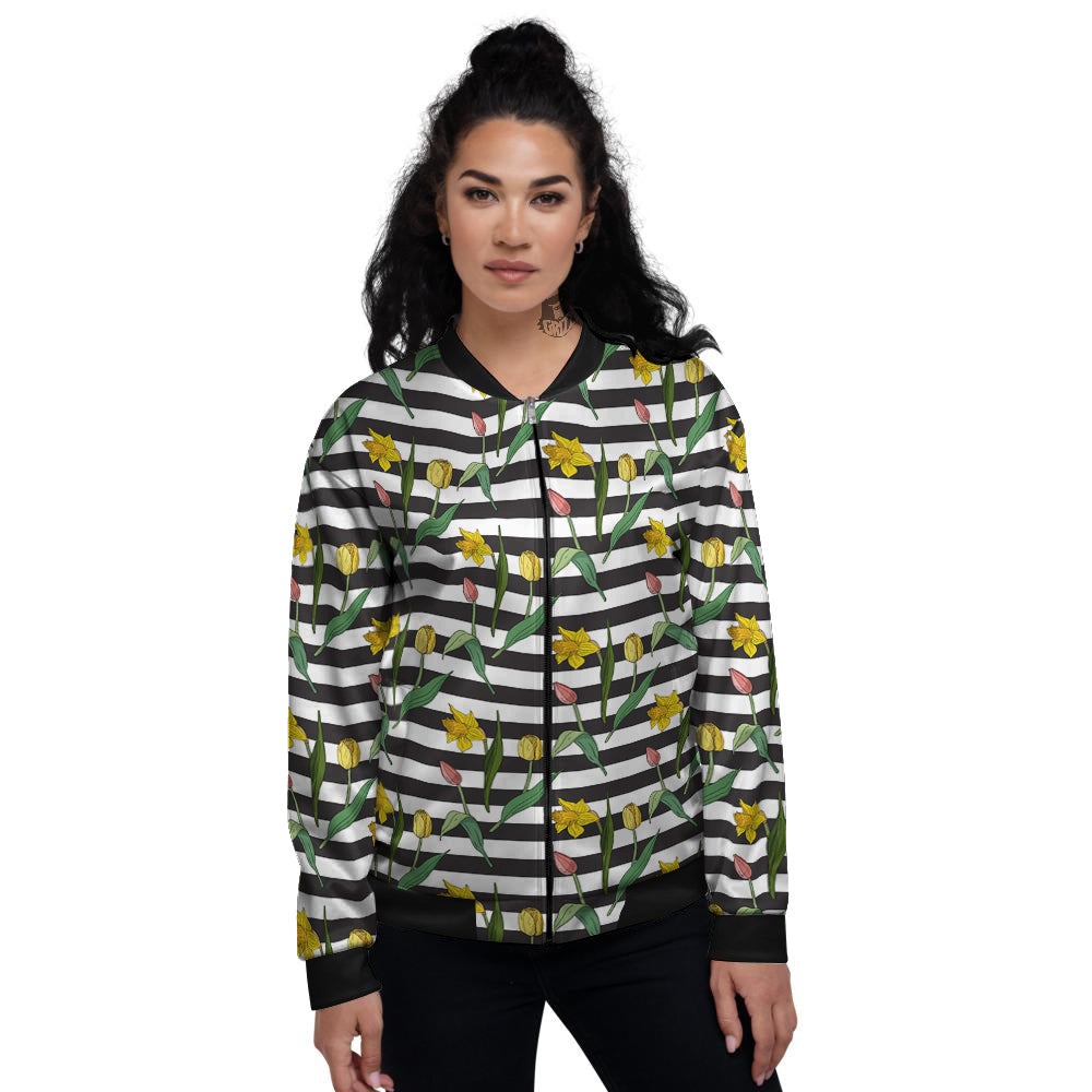 Striped Daffodil Yellow Print Pattern Women's Bomber Jacket-grizzshop