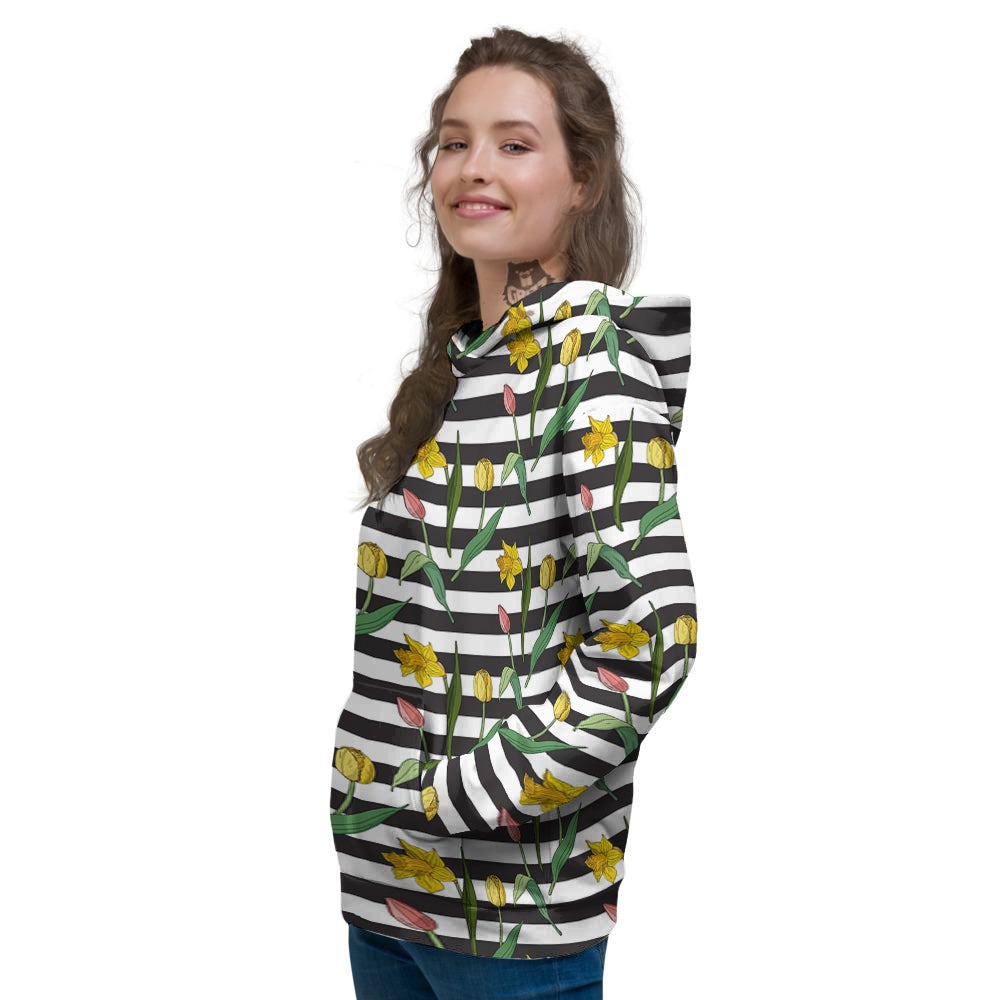 Striped Daffodil Yellow Print Pattern Women's Hoodie-grizzshop