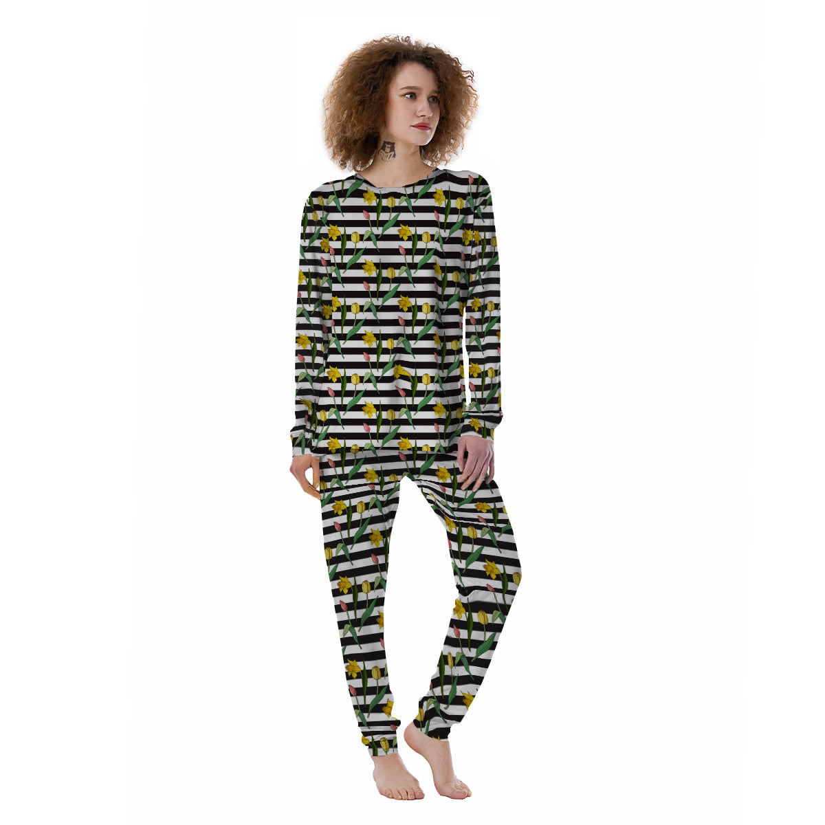 Striped Daffodil Yellow Print Pattern Women's Pajamas-grizzshop