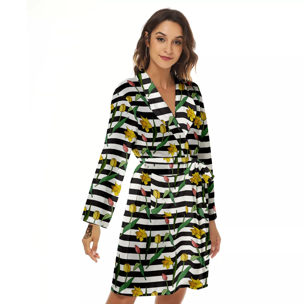 Striped Daffodil Yellow Print Pattern Women's Robe-grizzshop