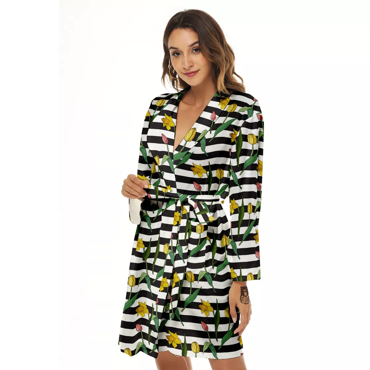 Striped Daffodil Yellow Print Pattern Women's Robe-grizzshop