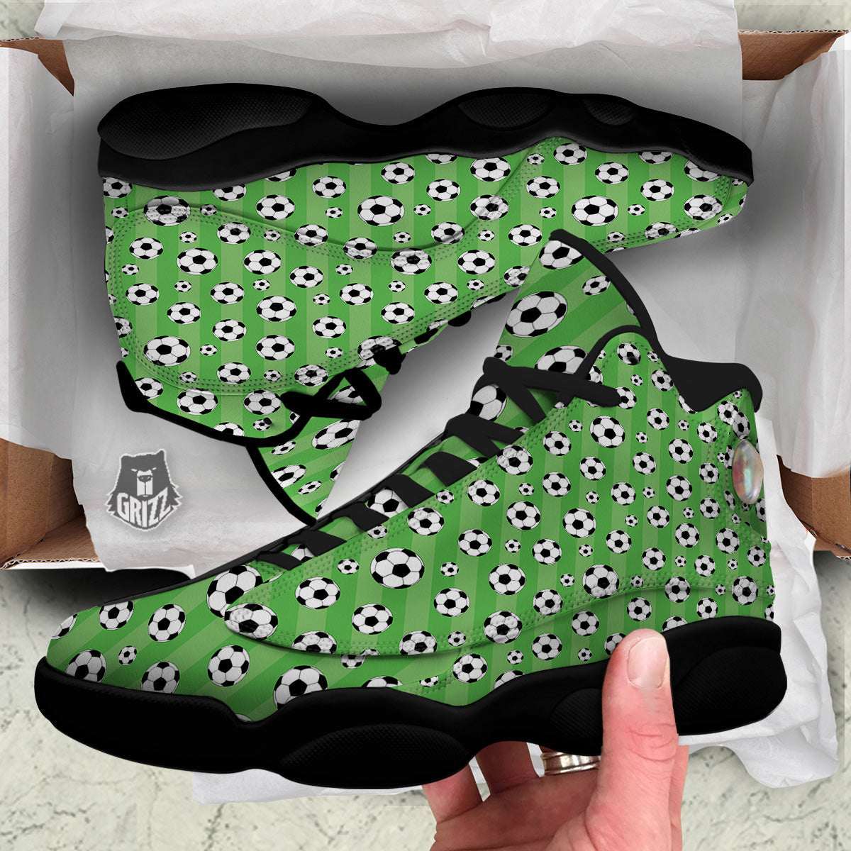 Striped Green Football Print Pattern Black Basketball Shoes-grizzshop