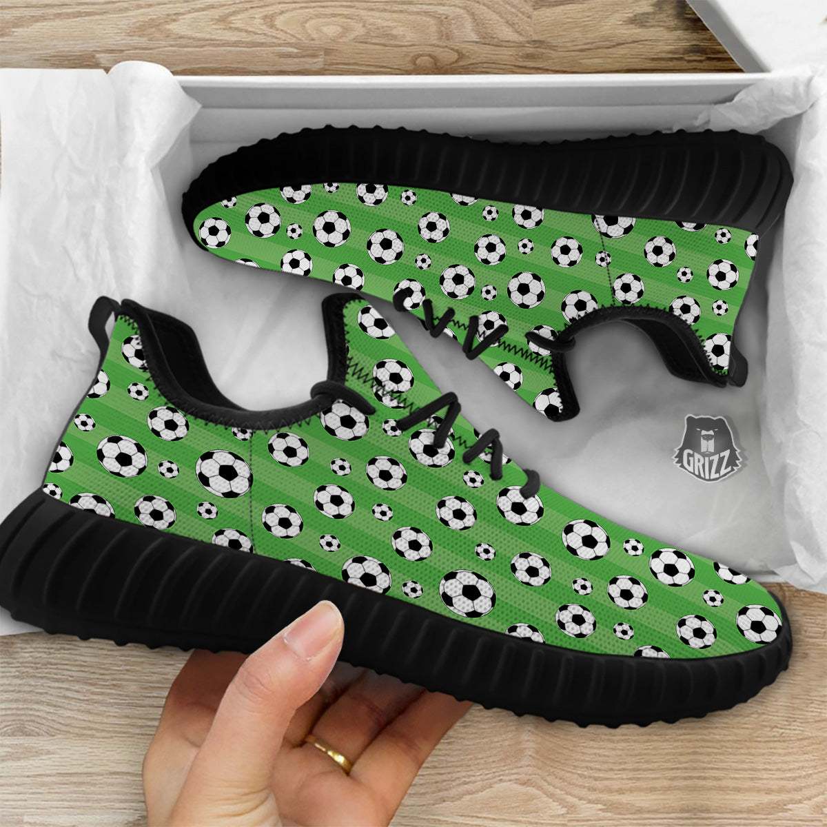Striped Green Football Print Pattern Black Walking Shoes-grizzshop