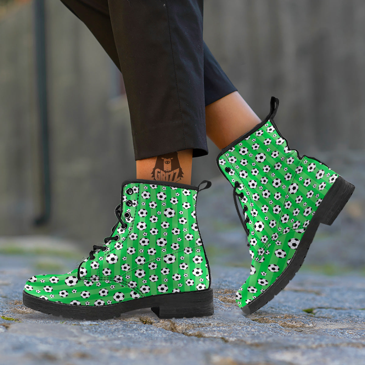 Striped Green Football Print Pattern Leather Boots-grizzshop