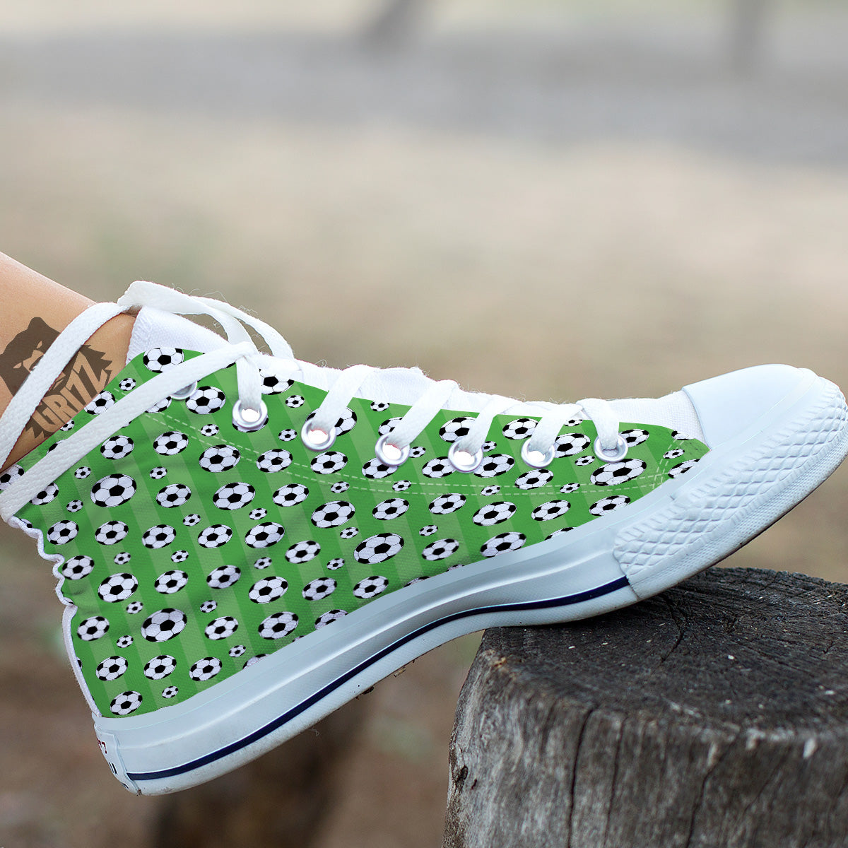 Striped Green Football Print Pattern White High Top Shoes-grizzshop