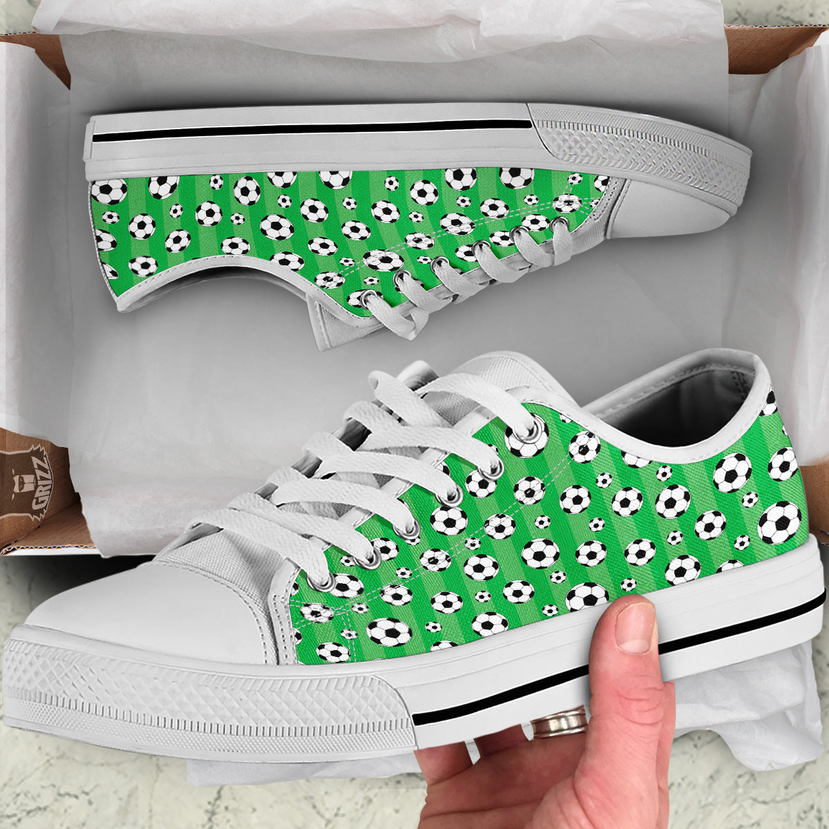 Striped Green Football Print Pattern White Low Top Shoes-grizzshop