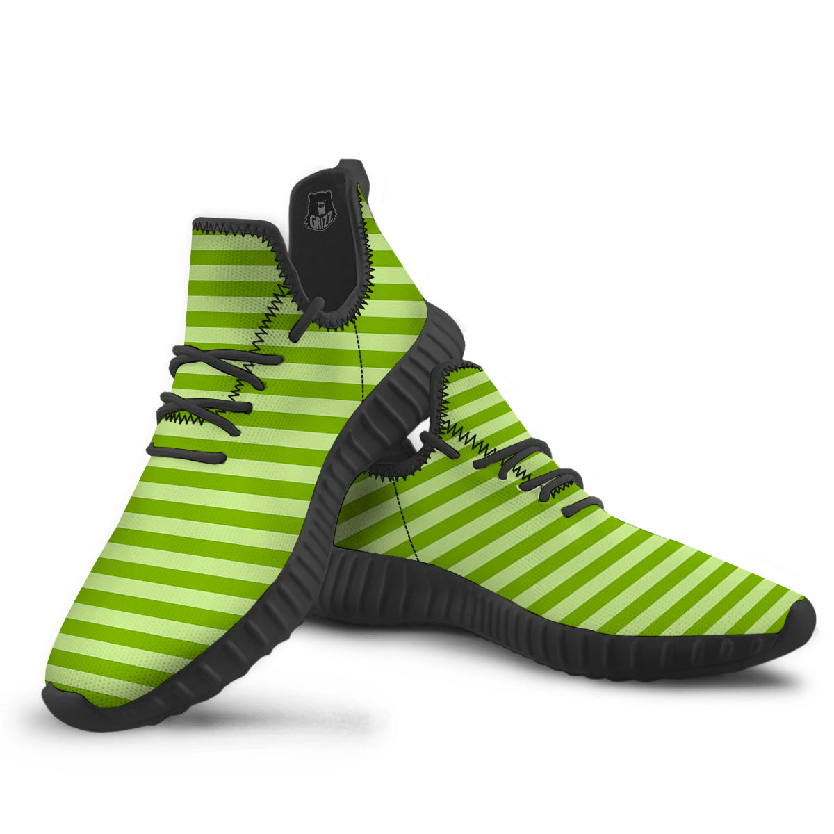 Striped Green Print Pattern Black Walking Shoes-grizzshop