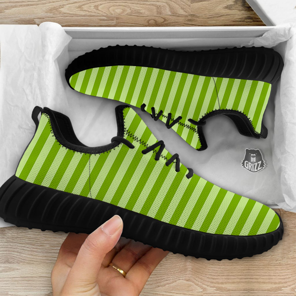 Striped Green Print Pattern Black Walking Shoes-grizzshop