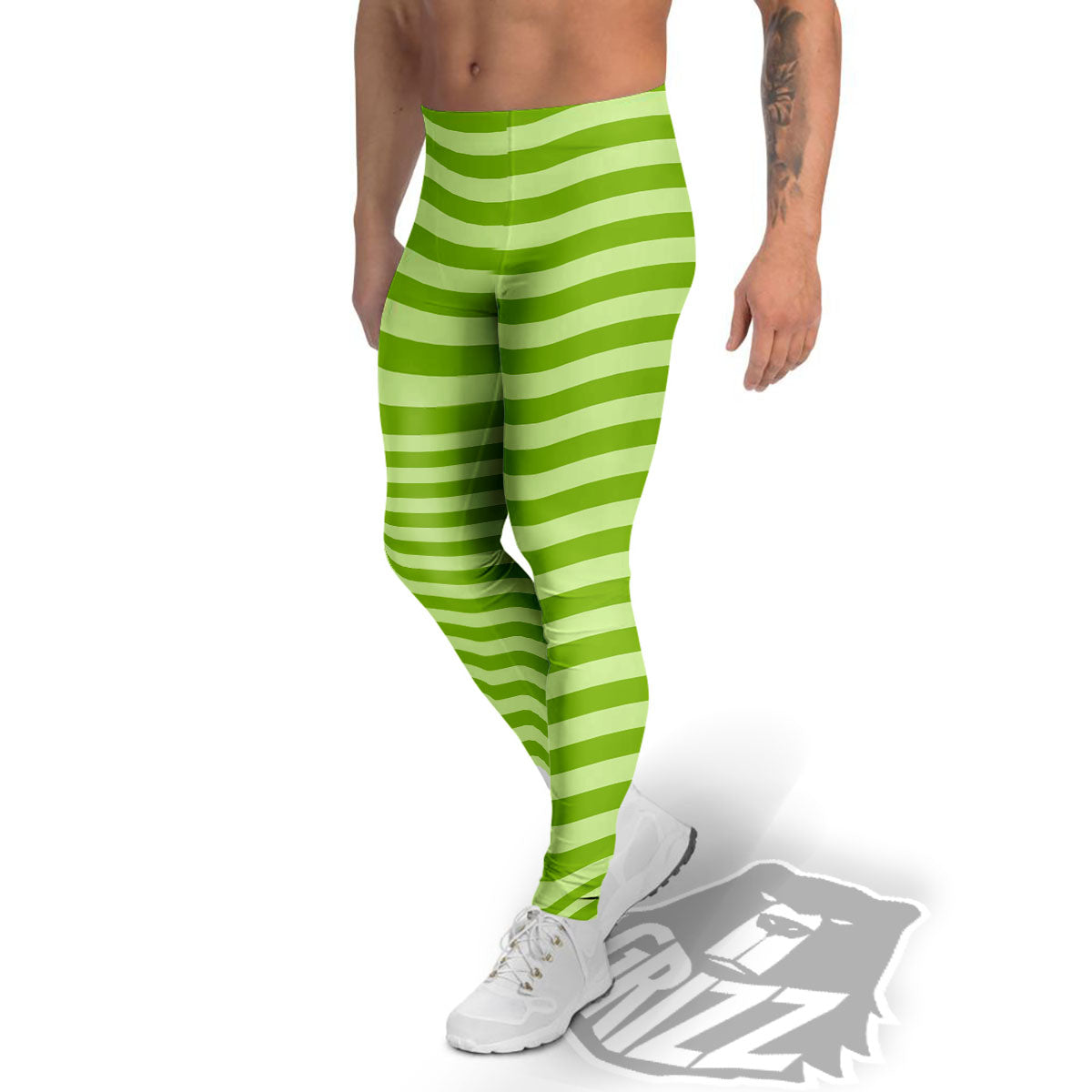 Striped Green Print Pattern Men's Leggings-grizzshop
