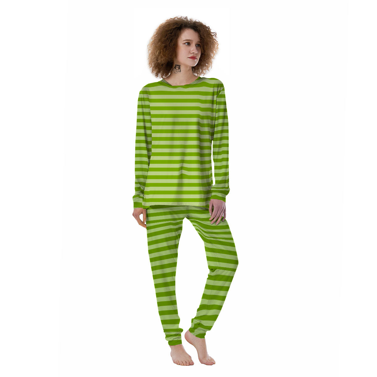 Striped Green Print Pattern Women's Pajamas-grizzshop