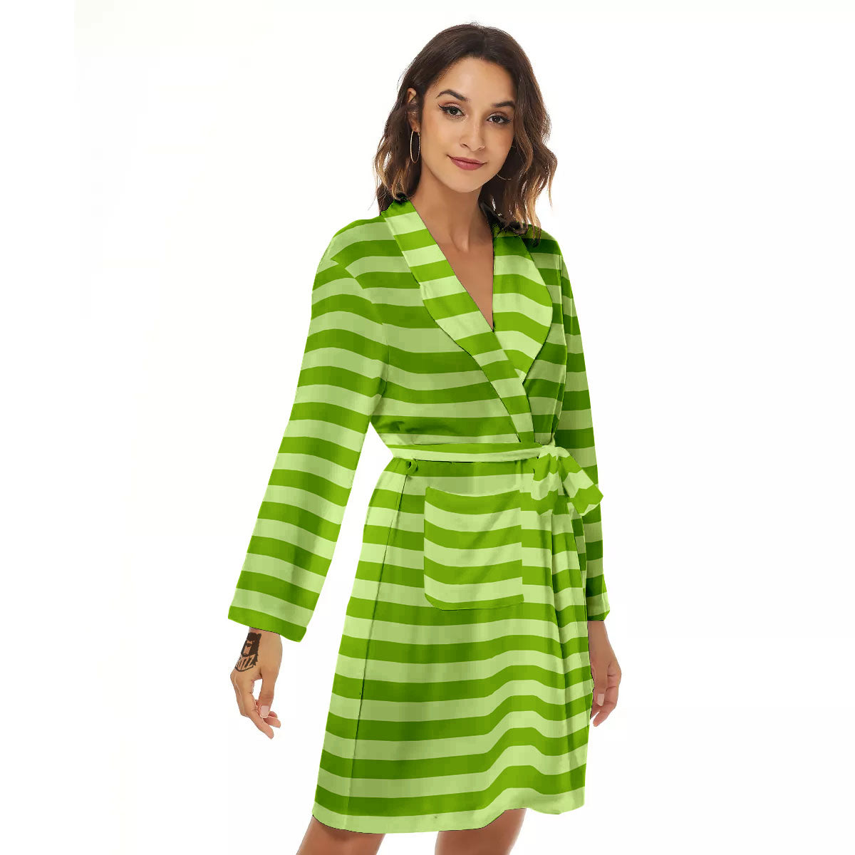 Striped Green Print Pattern Women's Robe-grizzshop