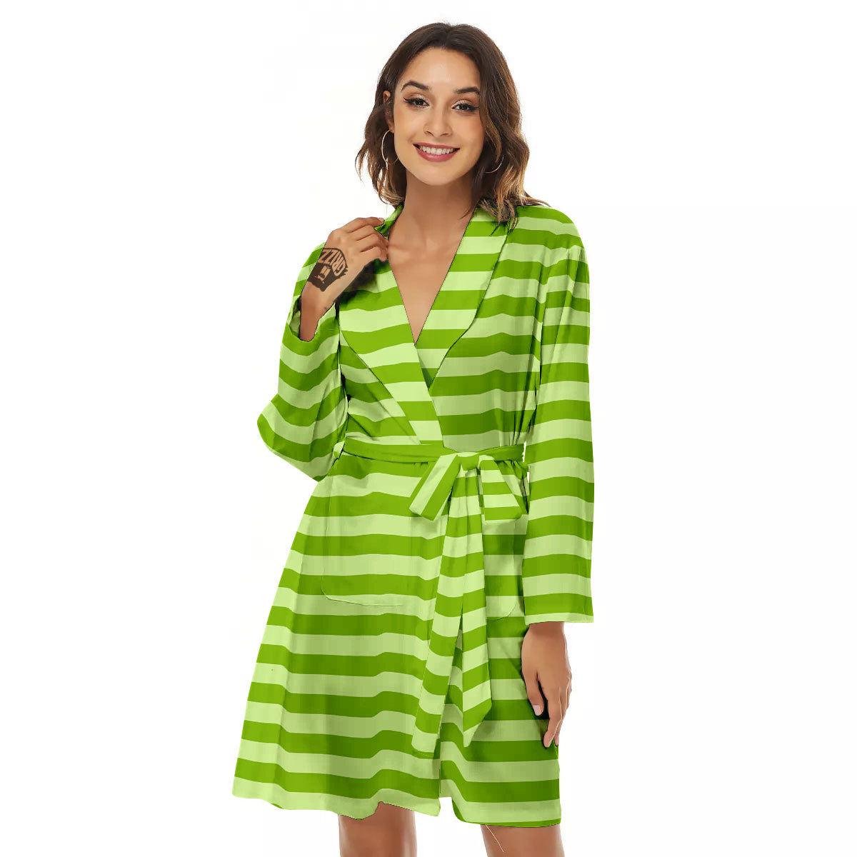 Striped Green Print Pattern Women's Robe-grizzshop