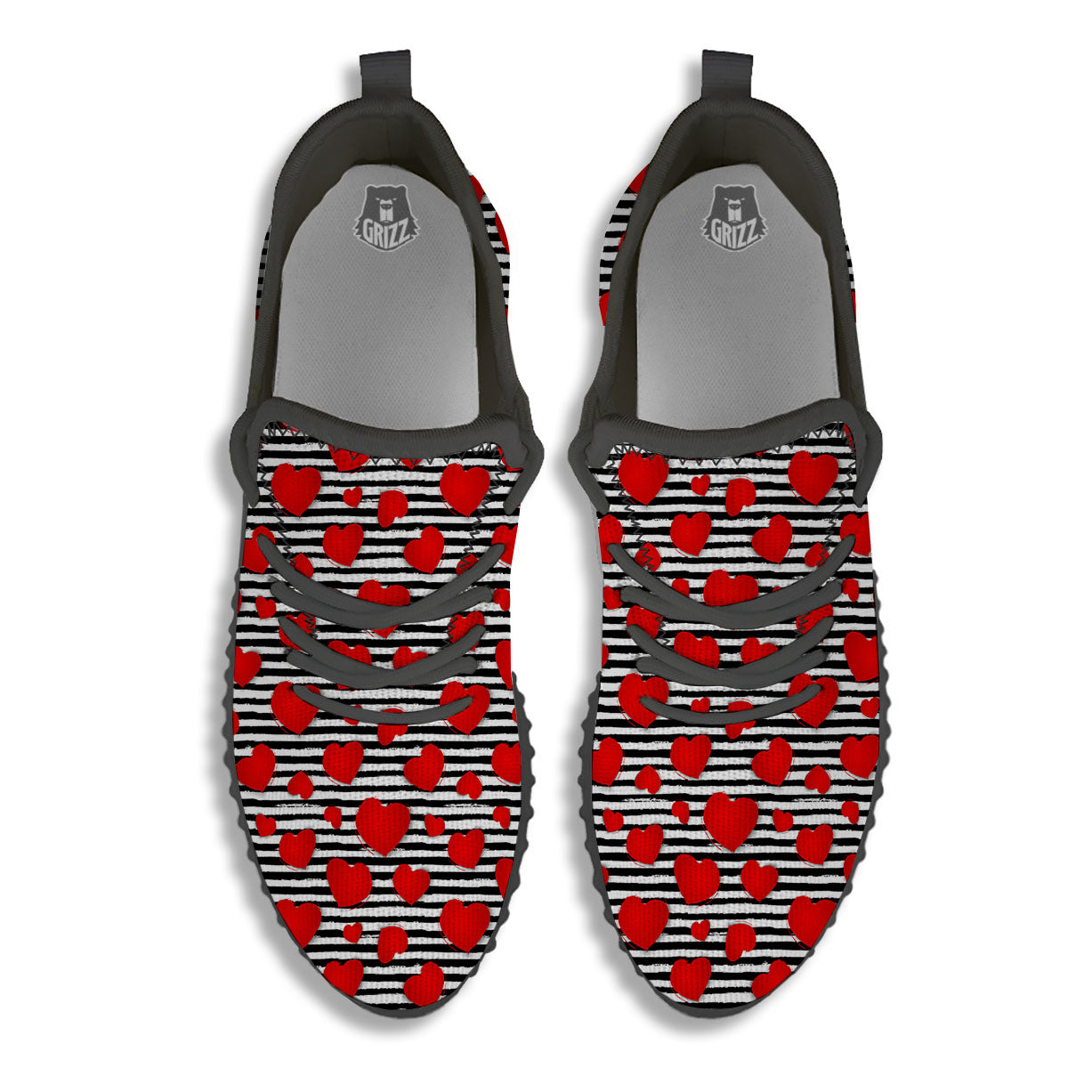 Striped Heart White And Black Print Black Walking Shoes-grizzshop