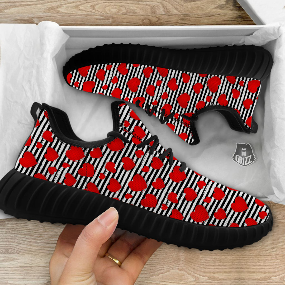 Striped Heart White And Black Print Black Walking Shoes-grizzshop