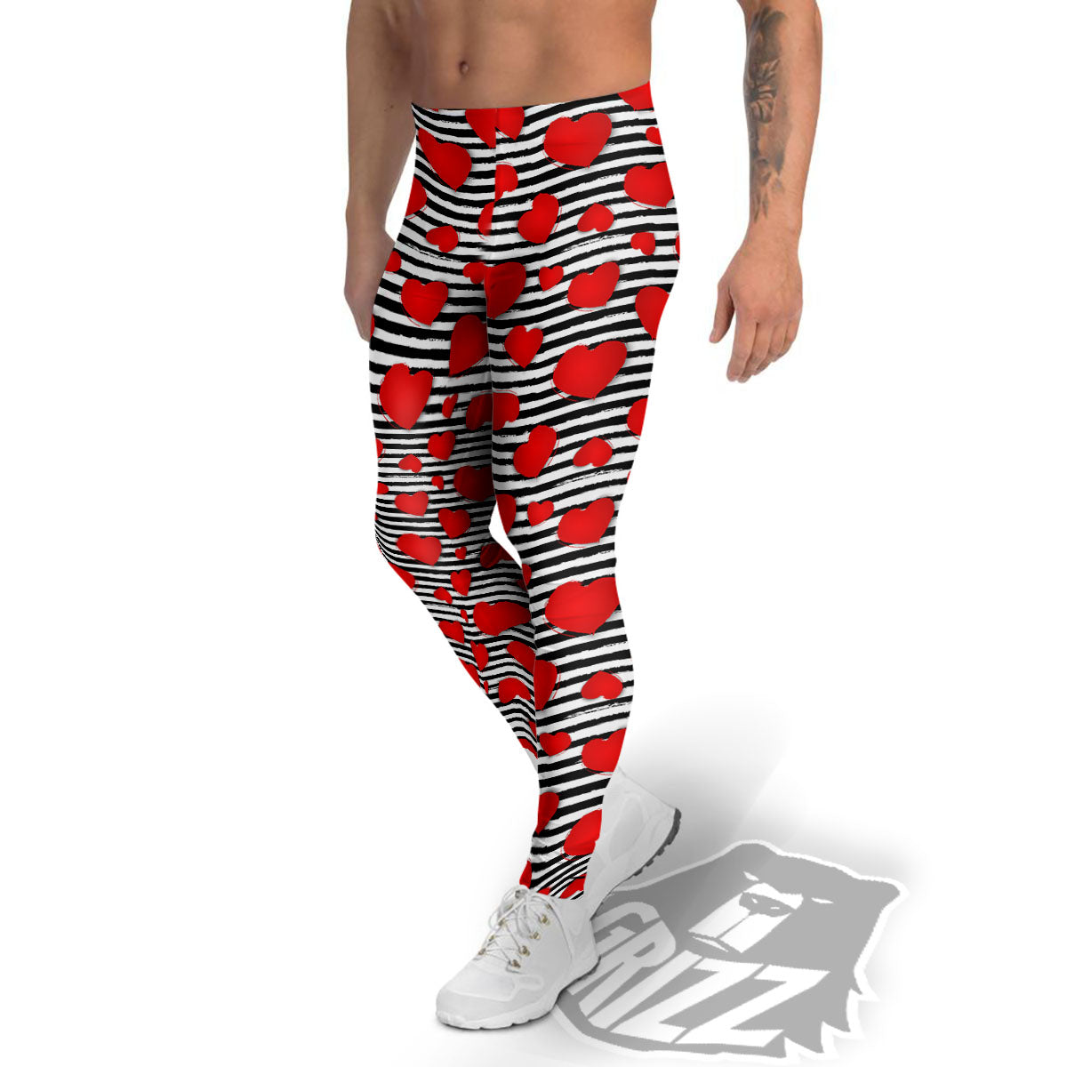 Striped Heart White And Black Print Men's Leggings-grizzshop