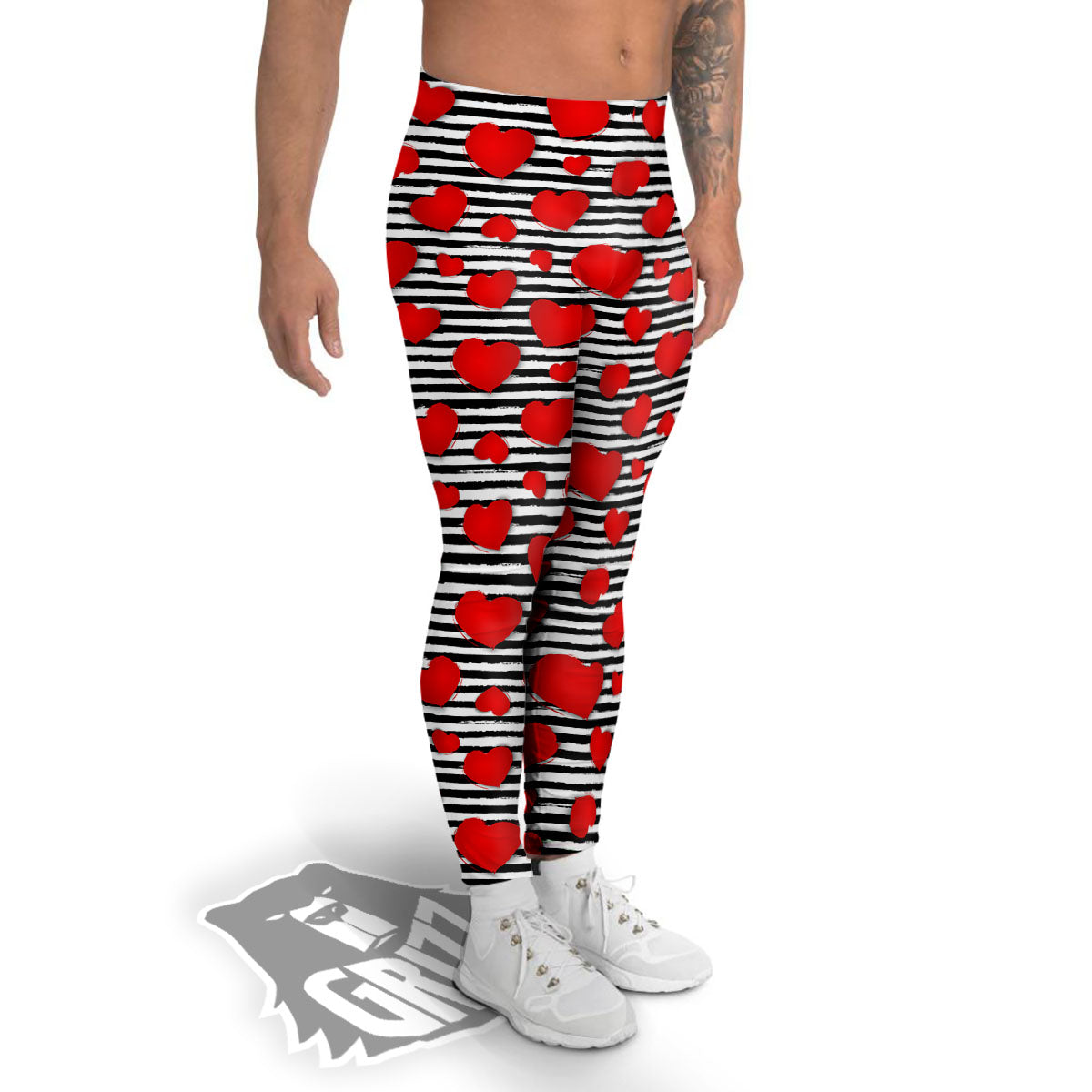 Striped Heart White And Black Print Men's Leggings-grizzshop