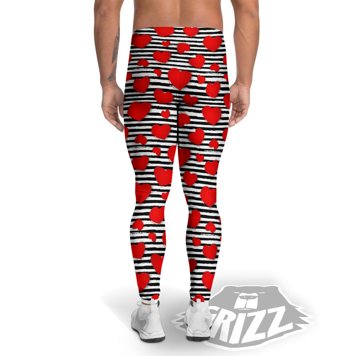 Striped Heart White And Black Print Men's Leggings-grizzshop