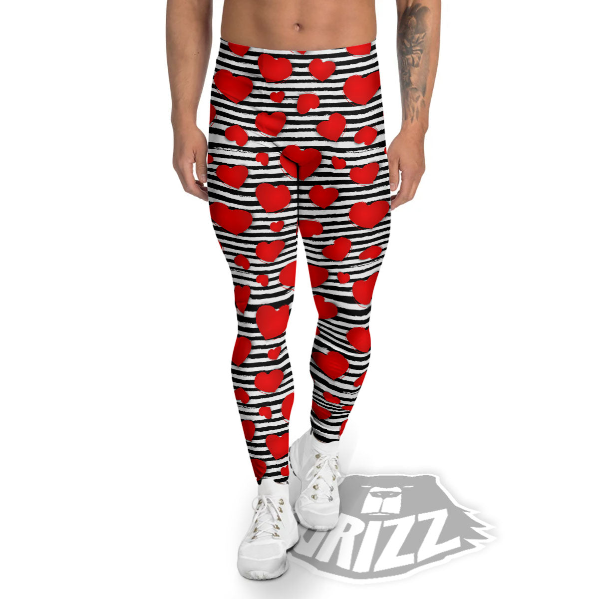 Striped Heart White And Black Print Men's Leggings-grizzshop