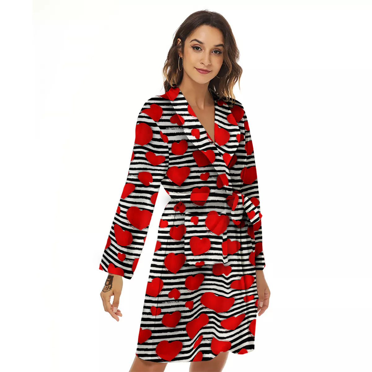 Striped Heart White And Black Print Women's Robe-grizzshop