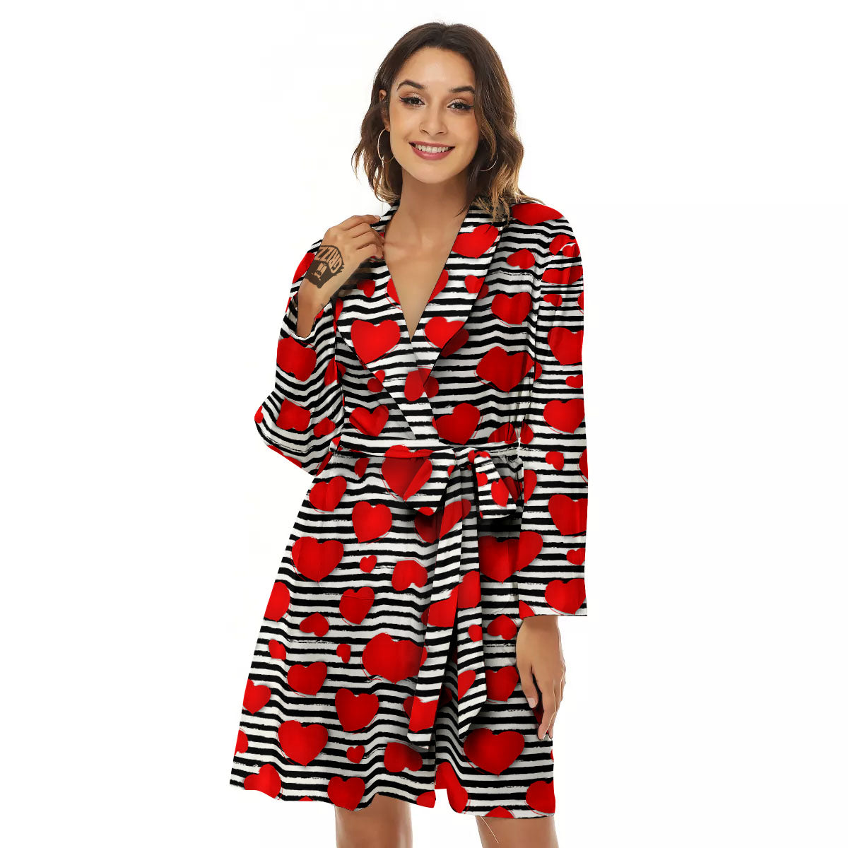Striped Heart White And Black Print Women's Robe-grizzshop
