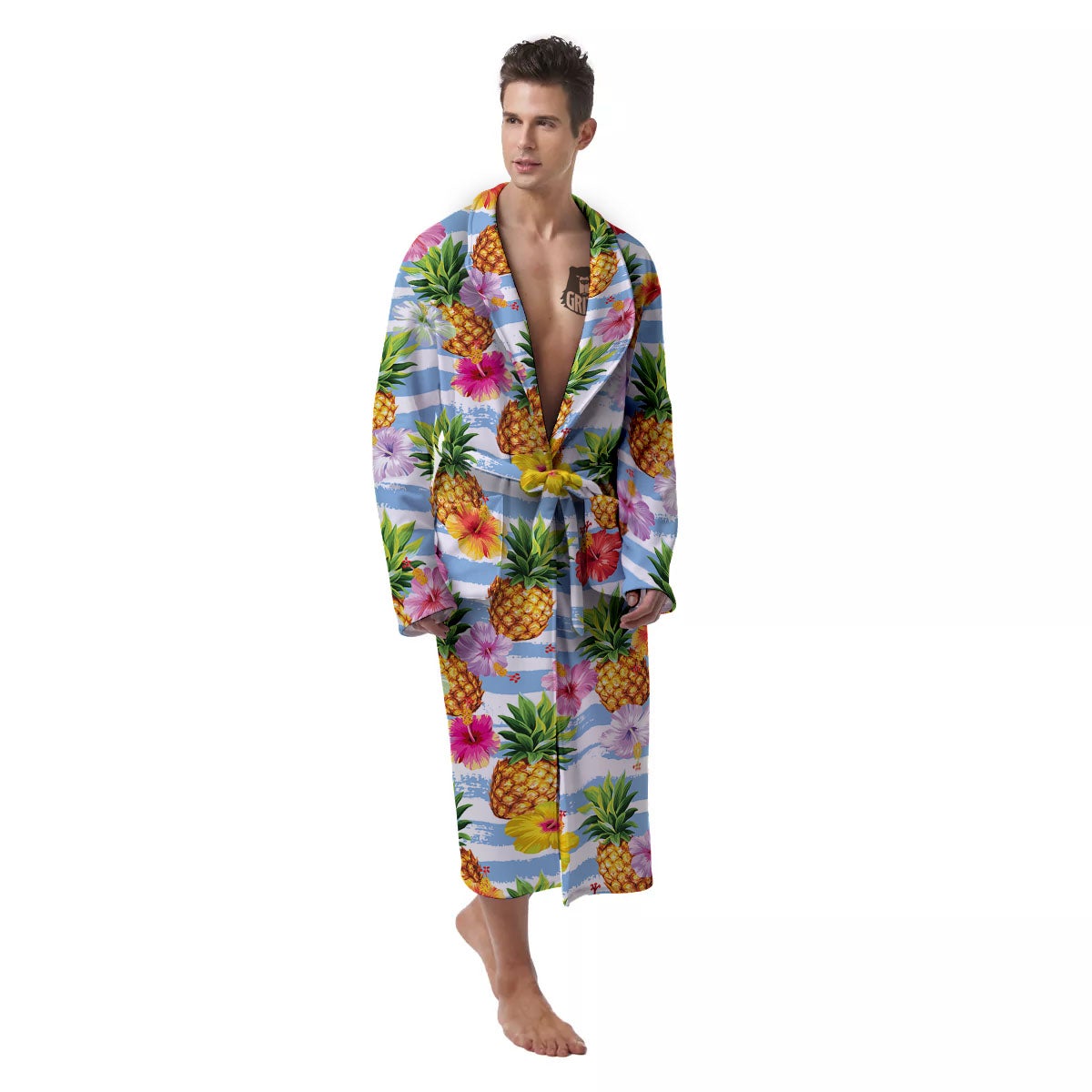 Striped Hibiscus And Pineapple Print Men's Robe-grizzshop