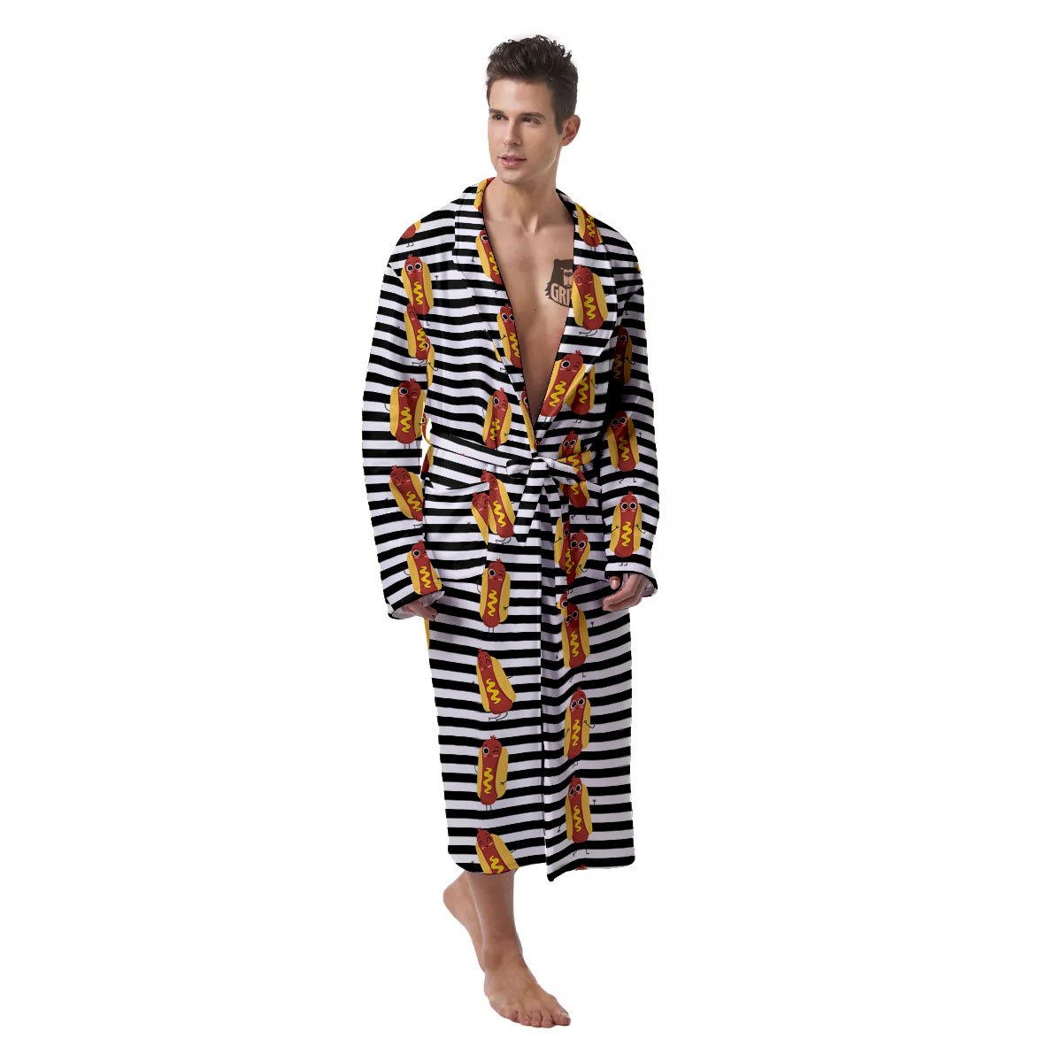 Striped Hot Dog Print Pattern Men's Robe-grizzshop