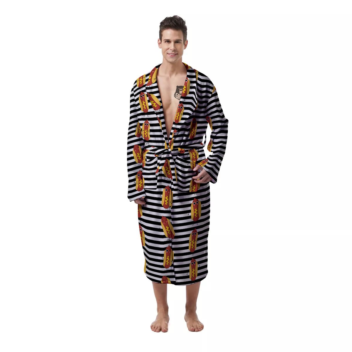 Striped Hot Dog Print Pattern Men's Robe-grizzshop