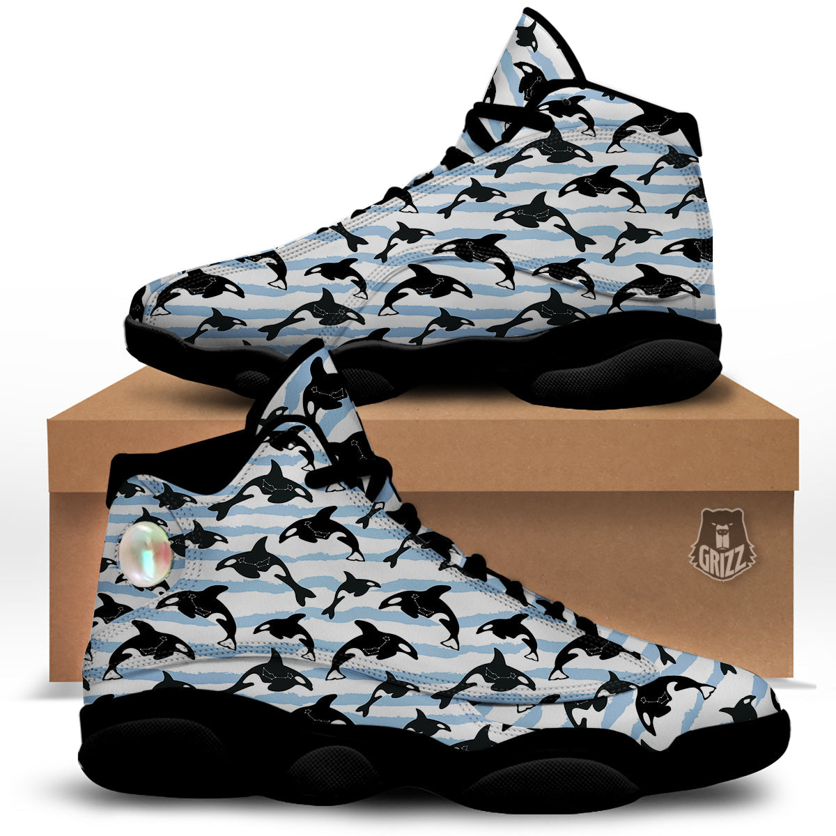 Striped Killer Whale Blue Print Pattern Black Basketball Shoes-grizzshop