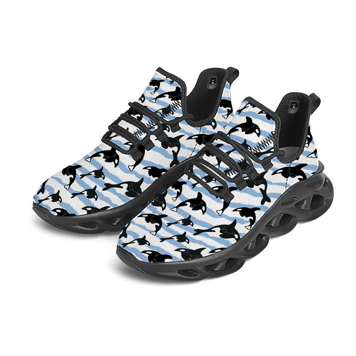 Striped Killer Whale Blue Print Pattern Black Running Shoes-grizzshop