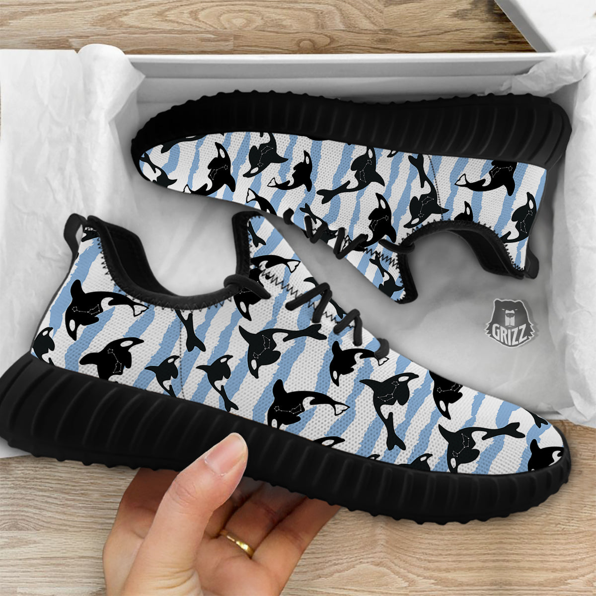 Striped Killer Whale Blue Print Pattern Black Walking Shoes-grizzshop